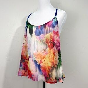 Vintage Colorful Art Watercolor Floral Cami Top L Sheer Flowy Whimsical Fairy